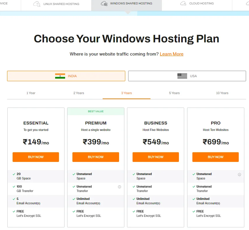 Bigrock Shared Window hosting plans