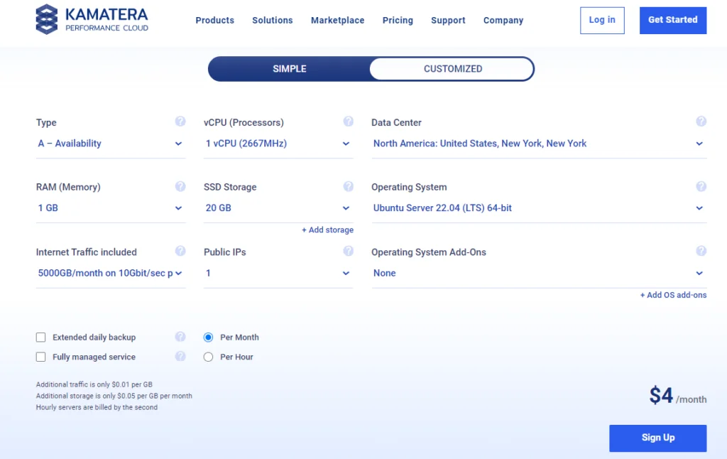 Kamatera Shared Pricing plans